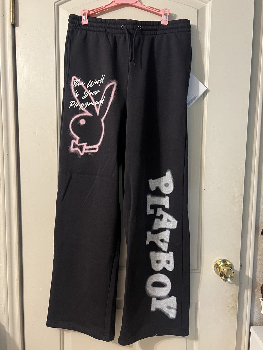 PLAYBOY CLASSIC BUNNY LOGO SWEATPANTS. Size M CHARCOAL, NWT